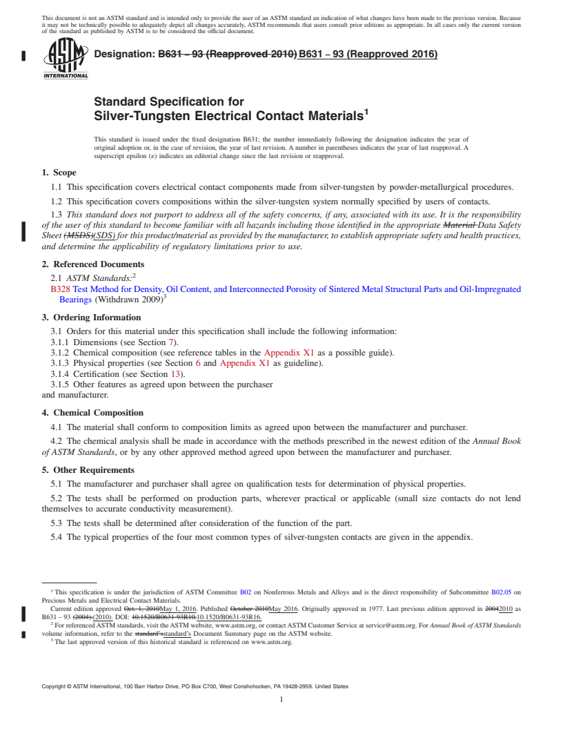 REDLINE ASTM B631-93(2016) - Standard Specification for Silver-Tungsten Electrical Contact Materials