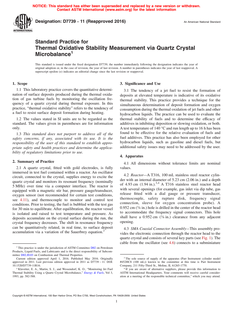 ASTM D7739-11(2016) - Standard Practice for  Thermal Oxidative Stability Measurement via Quartz Crystal  Microbalance