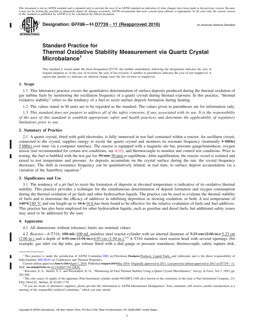 REDLINE ASTM D7739-11(2016) - Standard Practice for  Thermal Oxidative Stability Measurement via Quartz Crystal  Microbalance