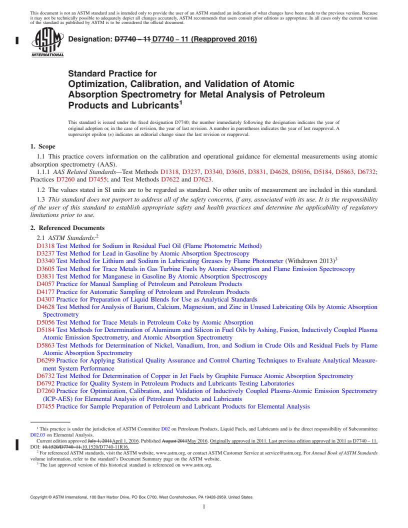 REDLINE ASTM D7740-11(2016) - Standard Practice for  Optimization, Calibration, and Validation of Atomic Absorption  Spectrometry for Metal Analysis of Petroleum Products and Lubricants