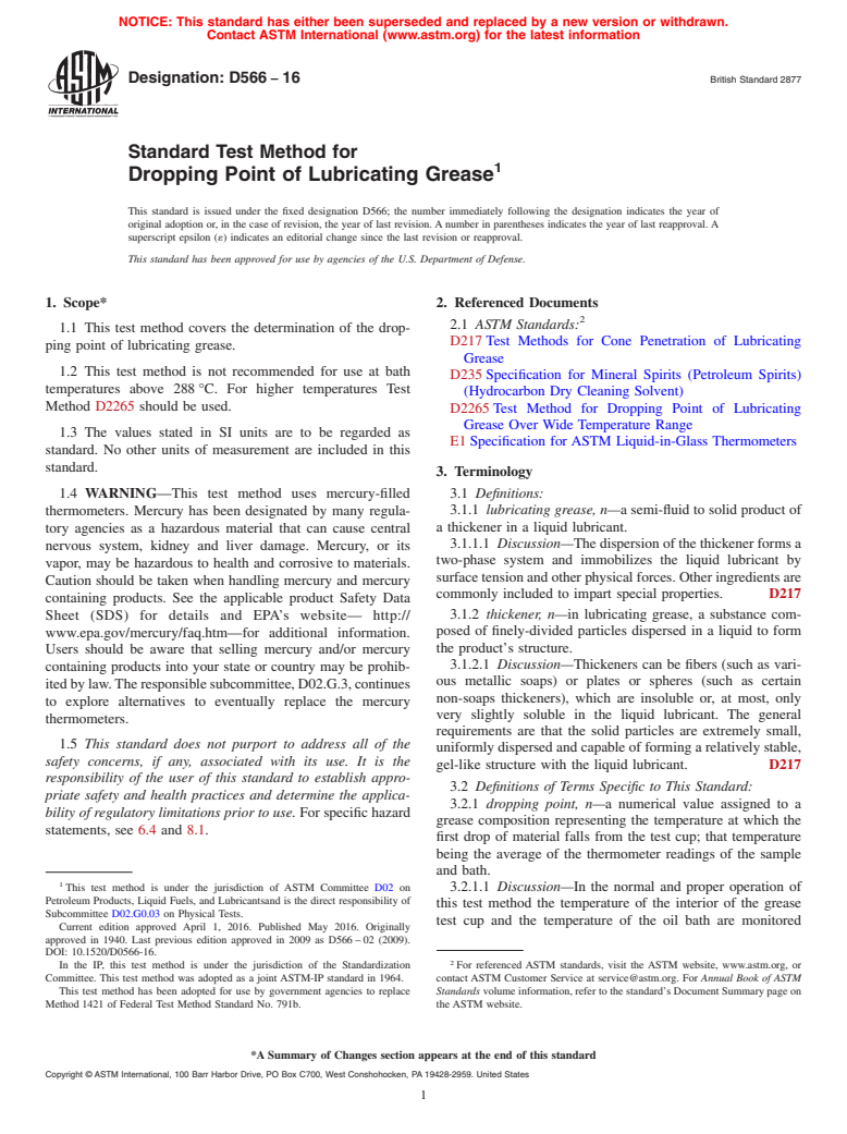 ASTM D566-16 - Standard Test Method for Dropping Point of Lubricating Grease