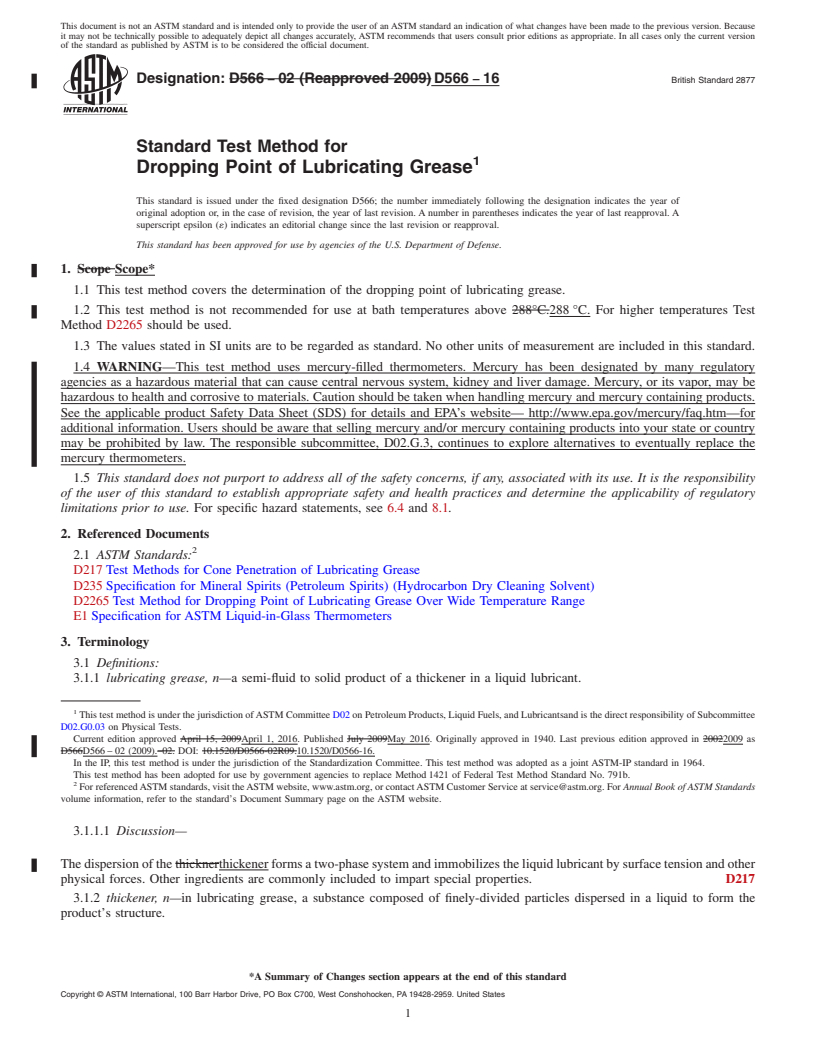 REDLINE ASTM D566-16 - Standard Test Method for Dropping Point of Lubricating Grease