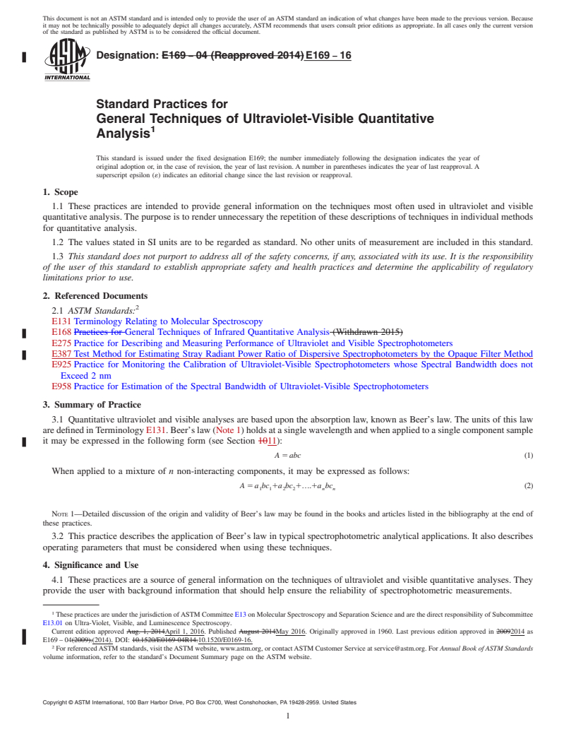 REDLINE ASTM E169-16 - Standard Practices for General Techniques of Ultraviolet-Visible Quantitative Analysis