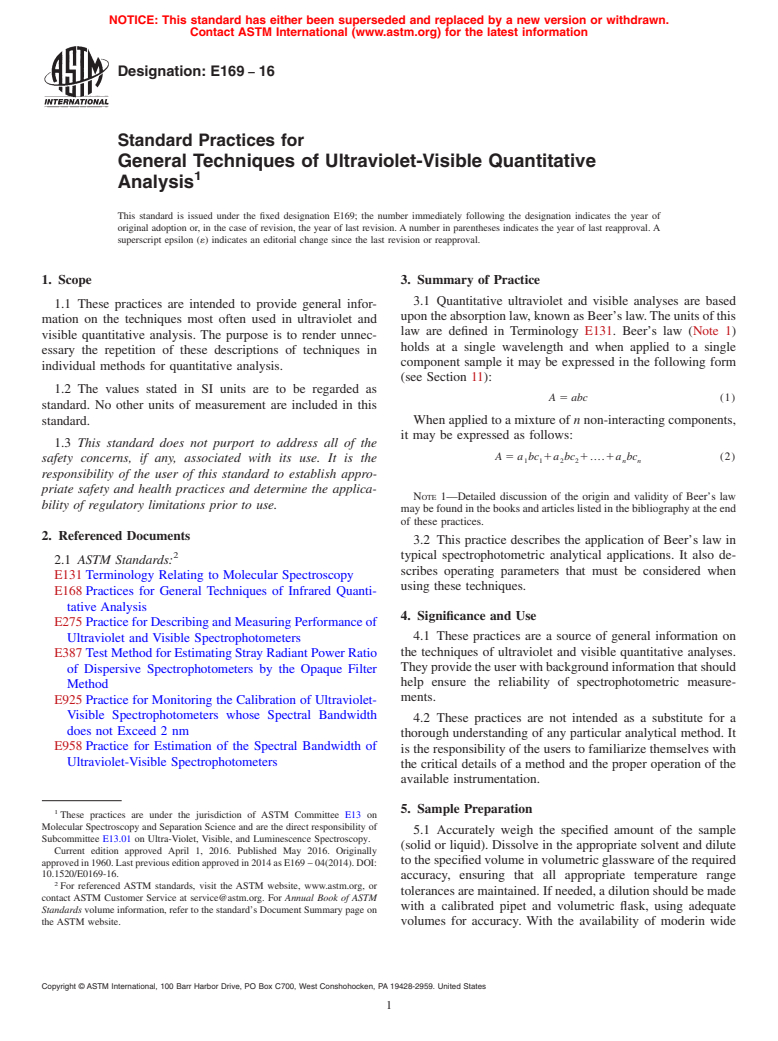 ASTM E169-16 - Standard Practices for General Techniques of Ultraviolet-Visible Quantitative Analysis