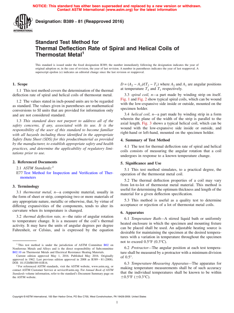 ASTM B389-81(2016) - Standard Test Method for Thermal Deflection Rate of Spiral and Helical Coils of Thermostat  Metal