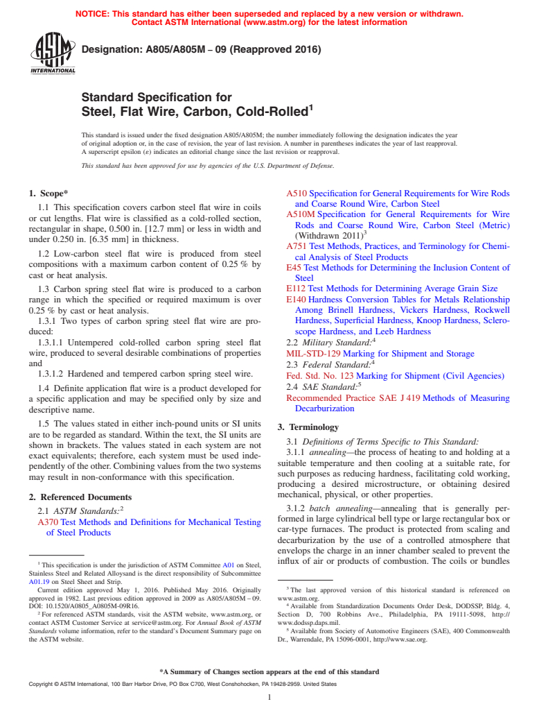 ASTM A805/A805M-09(2016) - Standard Specification for  Steel, Flat Wire, Carbon, Cold-Rolled