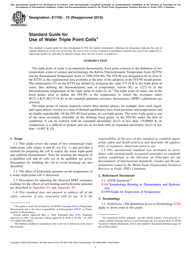 ASTM E1750-10(2016) - Standard Guide for  Use of Water Triple Point Cells