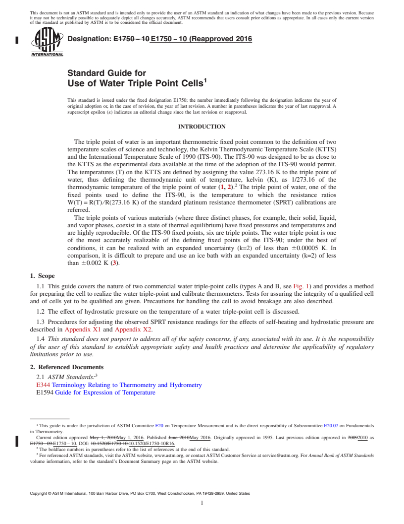 REDLINE ASTM E1750-10(2016) - Standard Guide for  Use of Water Triple Point Cells