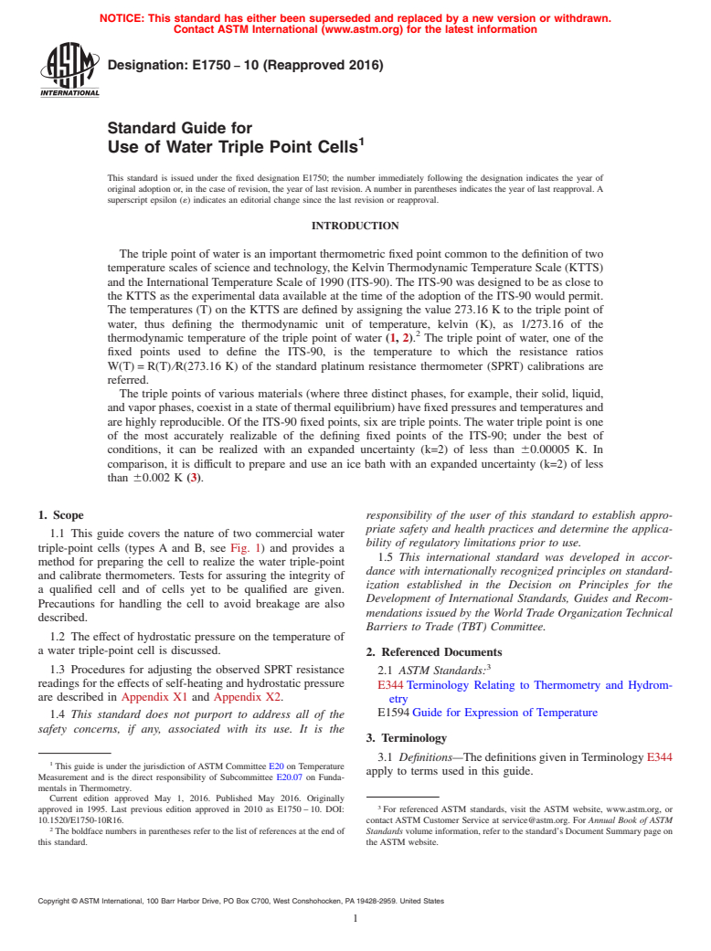 ASTM E1750-10(2016) - Standard Guide for  Use of Water Triple Point Cells