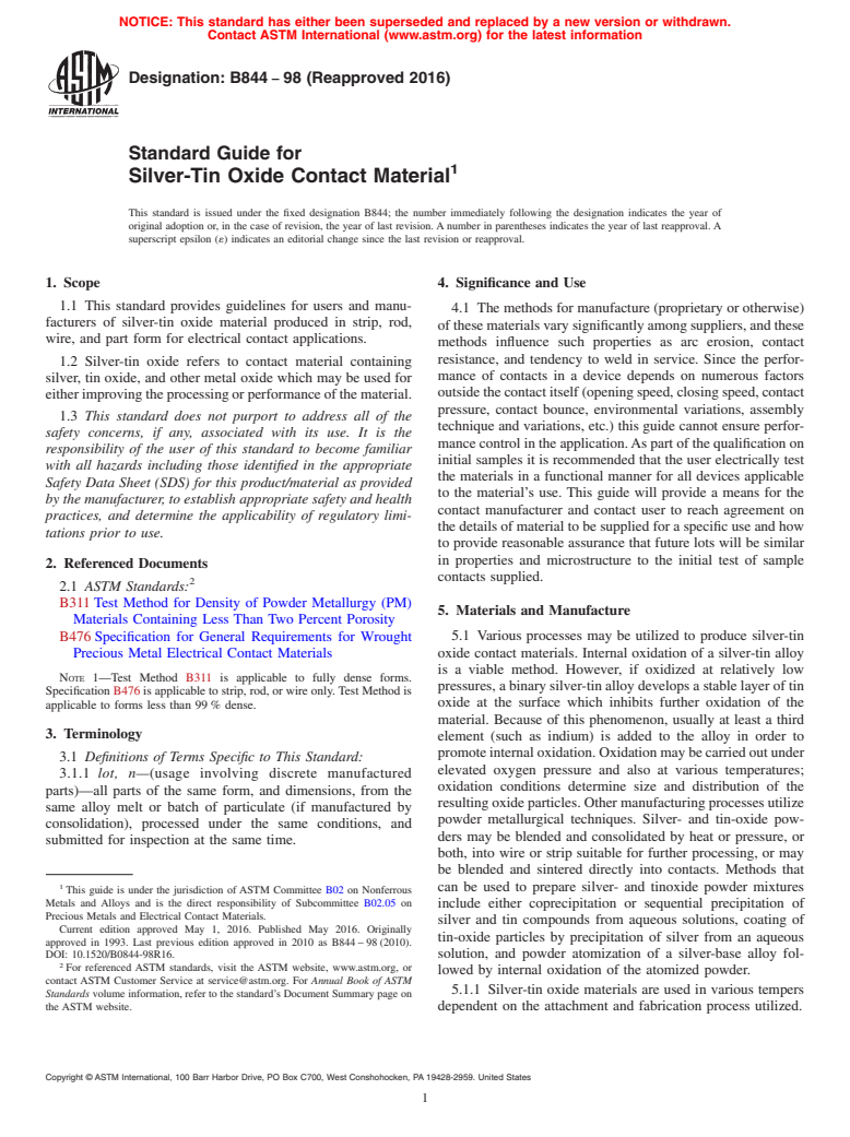 ASTM B844-98(2016) - Standard Guide for Silver-Tin Oxide Contact Material