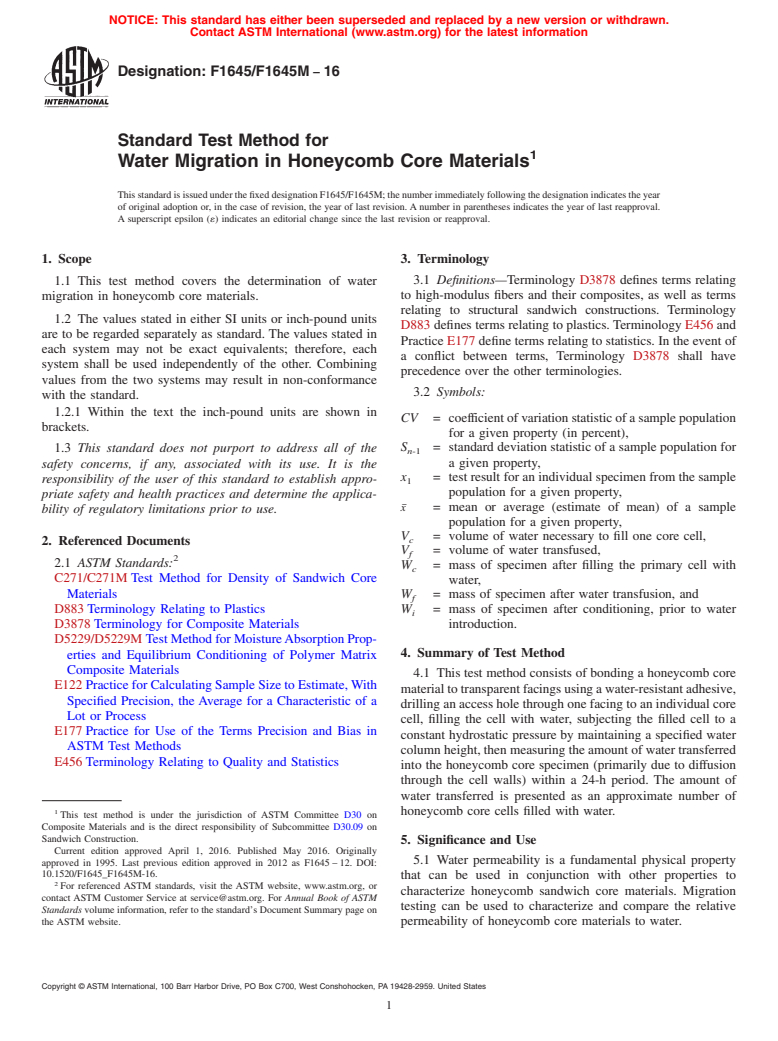 ASTM F1645/F1645M-16 - Standard Test Method for  Water Migration in Honeycomb Core Materials