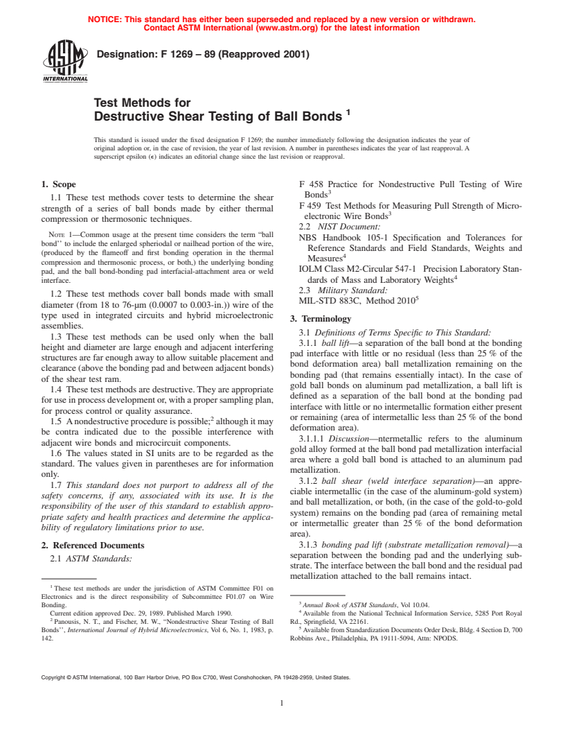 ASTM F1269-89(2001) - Test Methods for Destructive Shear Testing of Ball Bonds