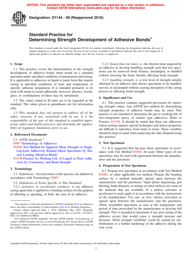 ASTM D1144-99(2016) - Standard Practice for Determining Strength Development of Adhesive Bonds