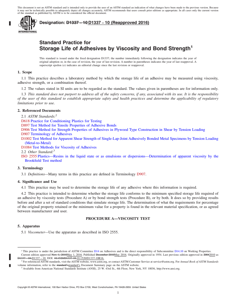 REDLINE ASTM D1337-10(2016) - Standard Practice for Storage Life of Adhesives by Viscosity and Bond Strength