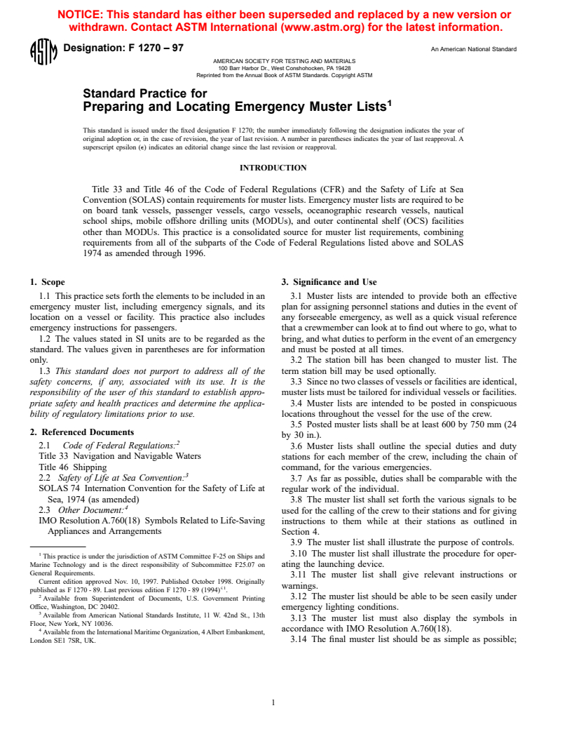 ASTM F1270-97 - Standard Practice for Preparing and Locating Emergency Muster Lists