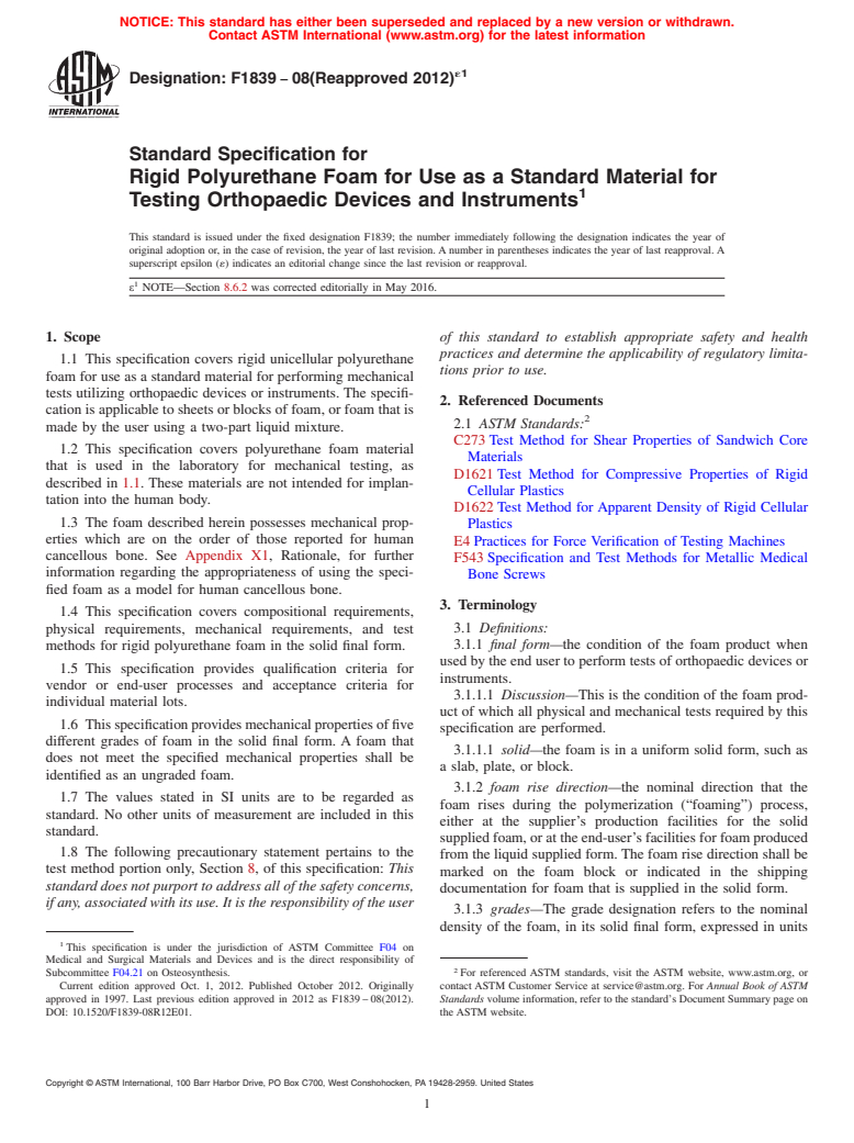 ASTM F1839-08(2012)e1 - Standard Specification for  Rigid Polyurethane Foam for Use as a Standard Material for  Testing Orthopaedic Devices and Instruments