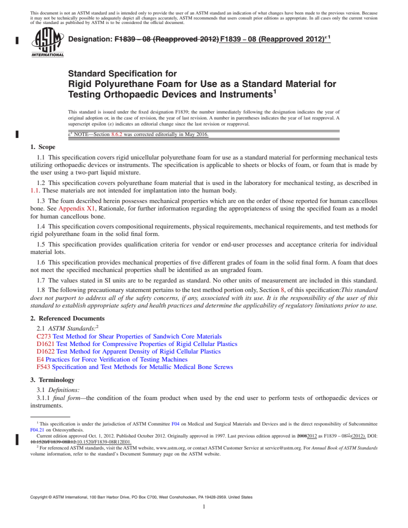 REDLINE ASTM F1839-08(2012)e1 - Standard Specification for  Rigid Polyurethane Foam for Use as a Standard Material for  Testing Orthopaedic Devices and Instruments