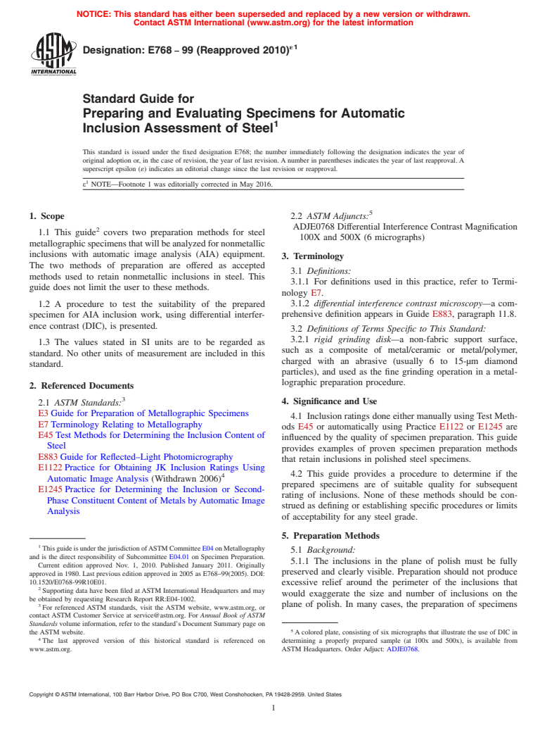 ASTM E768-99(2010)e1 - Standard Guide for  Preparing and Evaluating Specimens for Automatic Inclusion  Assessment of Steel