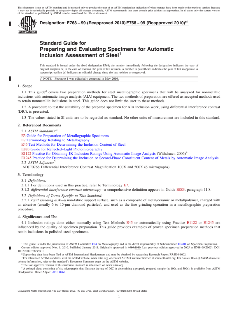 REDLINE ASTM E768-99(2010)e1 - Standard Guide for  Preparing and Evaluating Specimens for Automatic Inclusion  Assessment of Steel