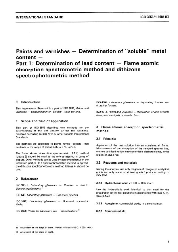 ISO 3856-1:1984 - Paints and varnishes -- Determination of "soluble" metal content