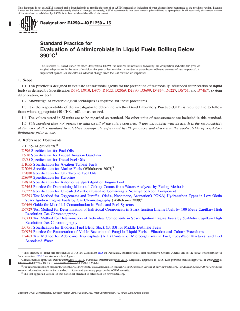 REDLINE ASTM E1259-16 - Standard Practice for  Evaluation of Antimicrobials in Liquid Fuels Boiling Below  390&#xb0;C