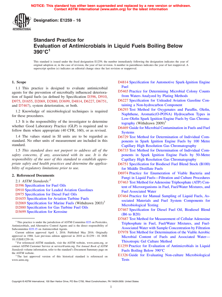 ASTM E1259-16 - Standard Practice for  Evaluation of Antimicrobials in Liquid Fuels Boiling Below  390&#xb0;C