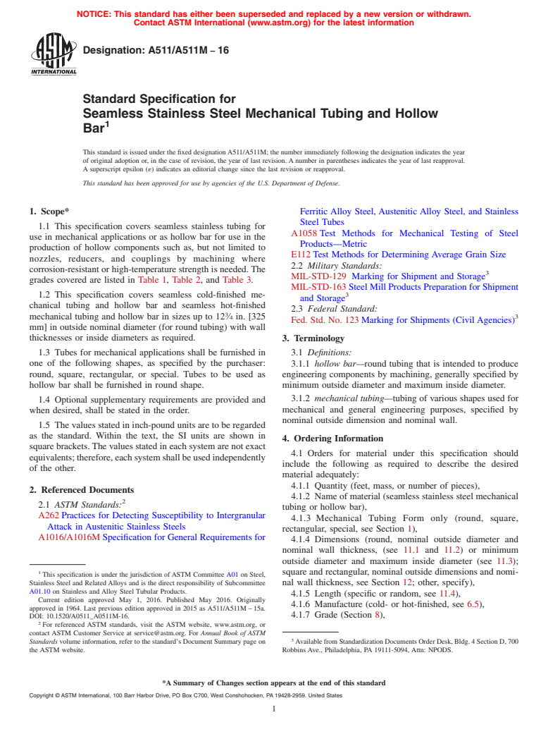 ASTM A511/A511M-16 - Standard Specification for  Seamless Stainless Steel Mechanical Tubing and Hollow Bar