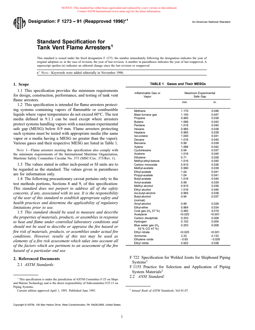 ASTM F1273-91(1996)e1 - Standard Specification for Tank Vent Flame Arresters