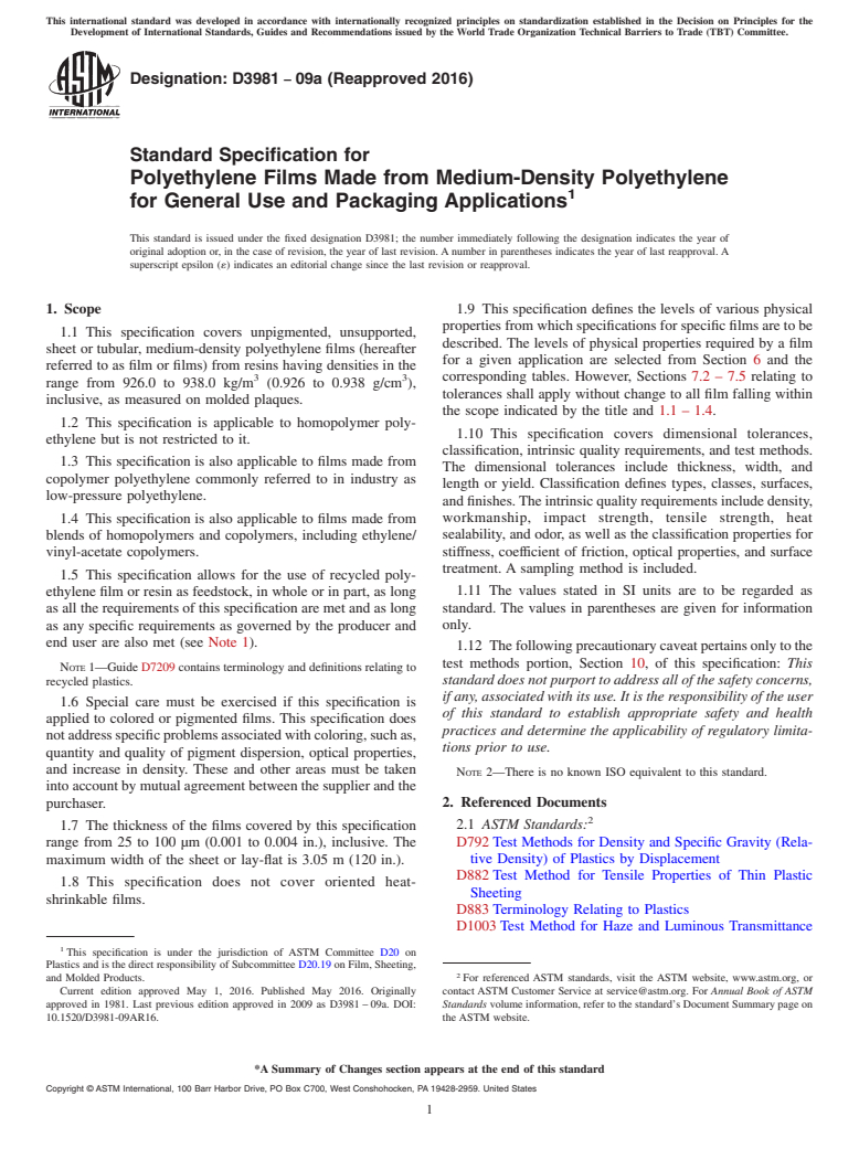 ASTM D3981-09a(2016) - Standard Specification for  Polyethylene Films Made from Medium-Density Polyethylene for  General Use and Packaging Applications