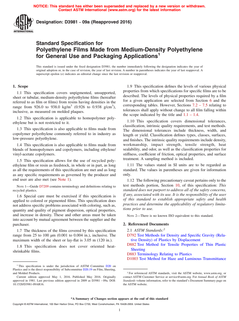 ASTM D3981-09a(2016) - Standard Specification for  Polyethylene Films Made from Medium-Density Polyethylene for  General Use and Packaging Applications