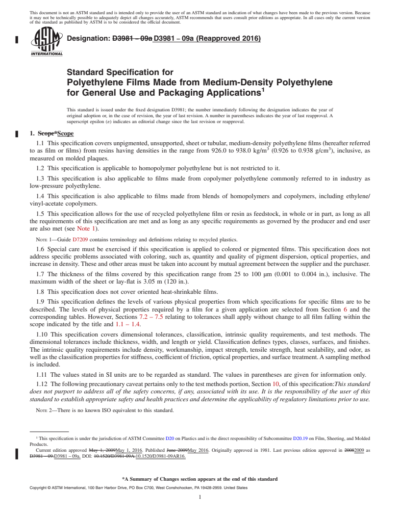 REDLINE ASTM D3981-09a(2016) - Standard Specification for  Polyethylene Films Made from Medium-Density Polyethylene for  General Use and Packaging Applications