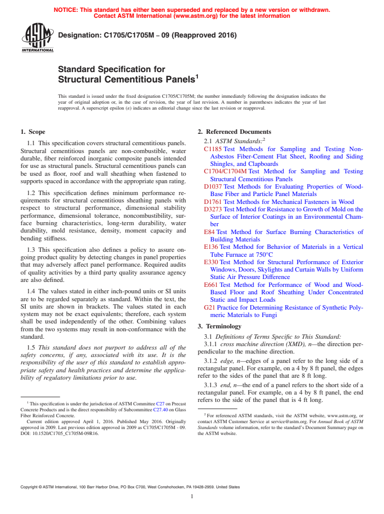 ASTM C1705/C1705M-09(2016) - Standard Specification for  Structural Cementitious Panels