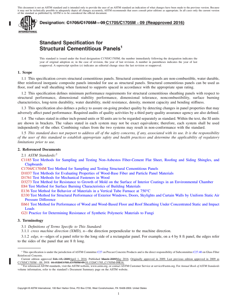 REDLINE ASTM C1705/C1705M-09(2016) - Standard Specification for  Structural Cementitious Panels