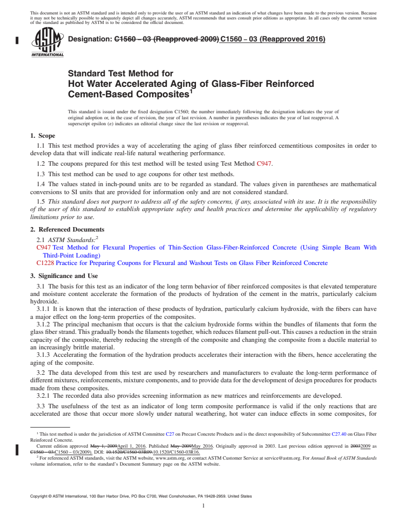 REDLINE ASTM C1560-03(2016) - Standard Test Method for Hot Water Accelerated Aging of Glass-Fiber Reinforced Cement-Based  Composites