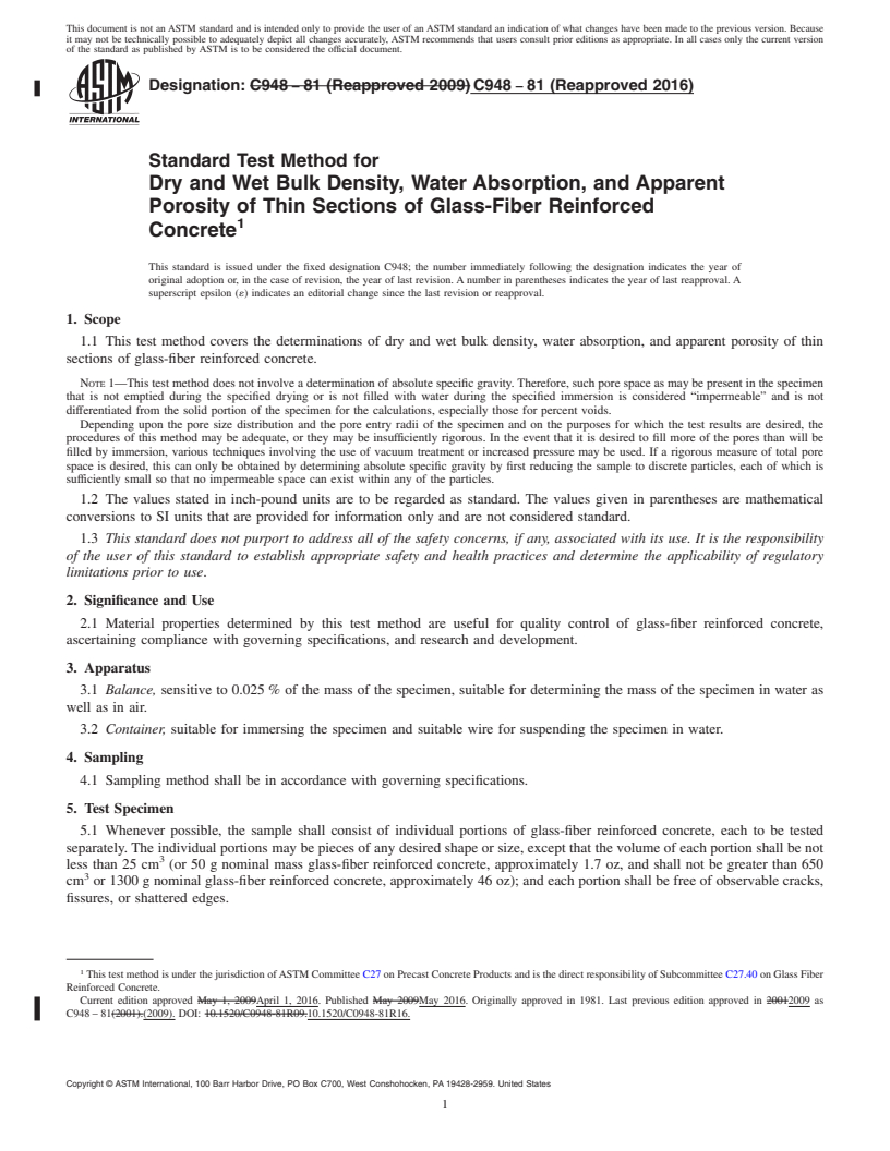 REDLINE ASTM C948-81(2016) - Standard Test Method for Dry and Wet Bulk Density, Water Absorption, and Apparent Porosity  of Thin Sections of Glass-Fiber Reinforced Concrete