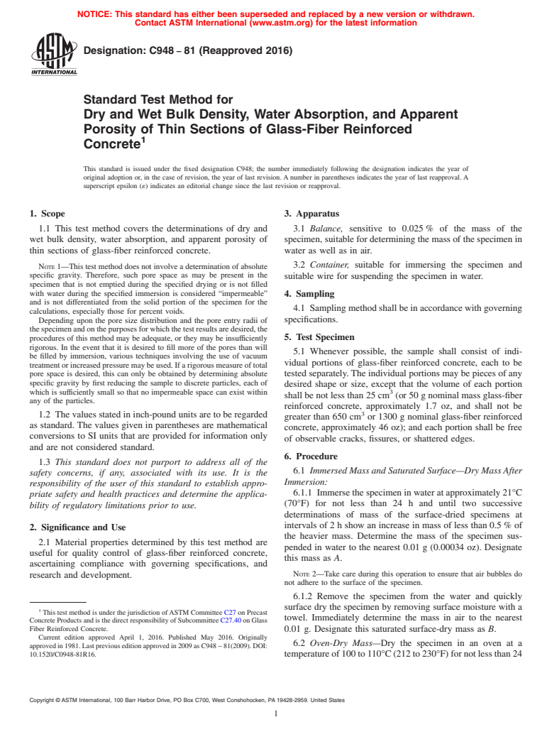 ASTM C948-81(2016) - Standard Test Method for Dry and Wet Bulk Density, Water Absorption, and Apparent Porosity  of Thin Sections of Glass-Fiber Reinforced Concrete