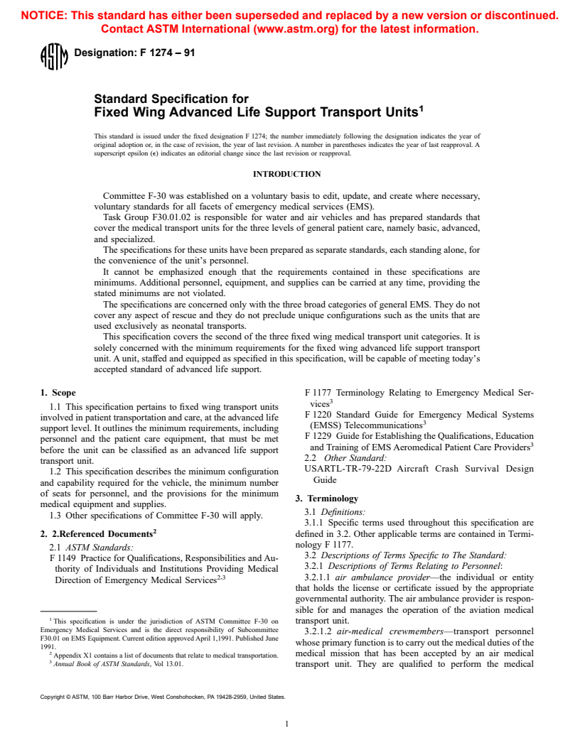 ASTM F1274-91 - Specification for Fixed Wing Advanced Life Support Transport Units (Withdrawn 2000)