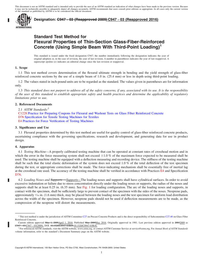 REDLINE ASTM C947-03(2016) - Standard Test Method for  Flexural Properties of Thin-Section Glass-Fiber-Reinforced  Concrete  (Using Simple Beam With Third-Point Loading)