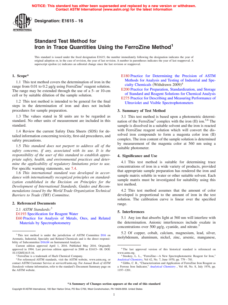 ASTM E1615-16 - Standard Test Method for Iron in Trace Quantities Using the FerroZine Method