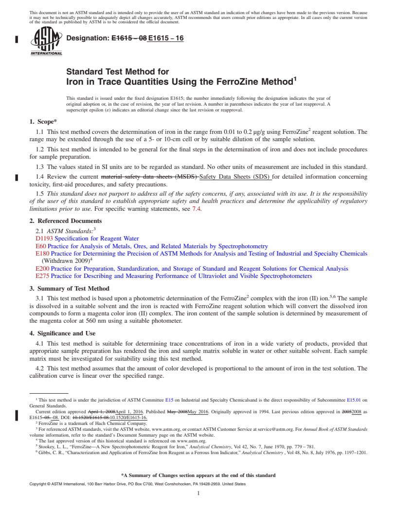 REDLINE ASTM E1615-16 - Standard Test Method for Iron in Trace Quantities Using the FerroZine Method