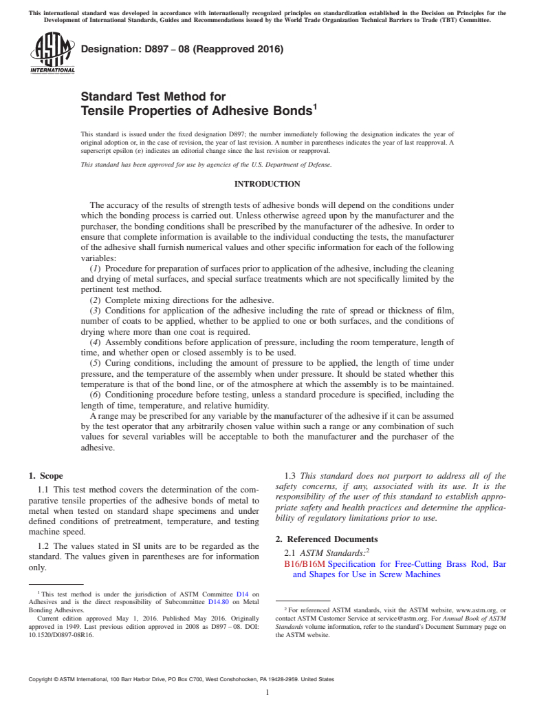 ASTM D897-08(2016) - Standard Test Method for Tensile Properties of Adhesive Bonds