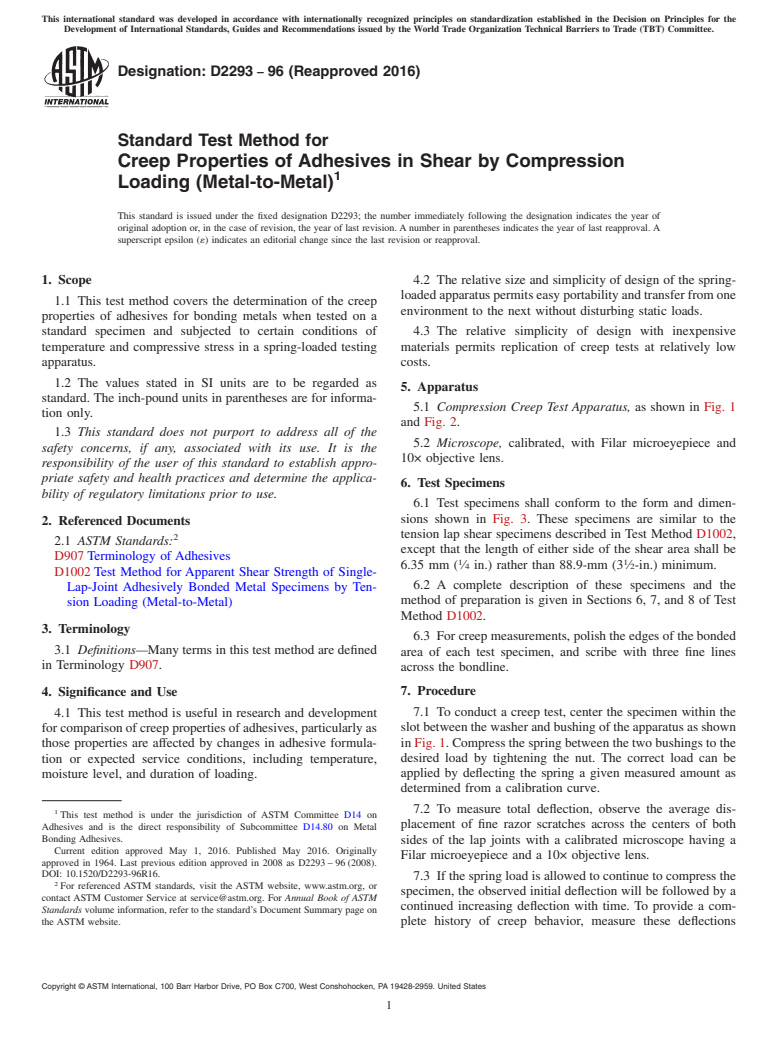 ASTM D2293-96(2016) - Standard Test Method for Creep Properties of Adhesives in Shear by Compression Loading  (Metal-to-Metal)