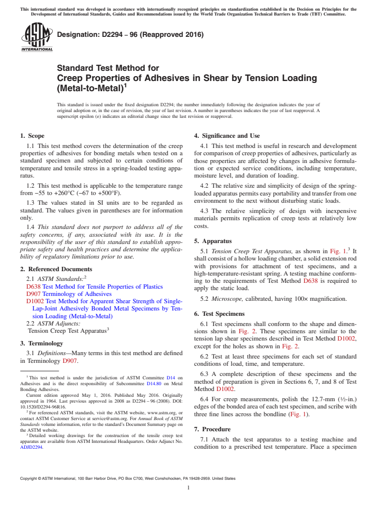 ASTM D2294-96(2016) - Standard Test Method for Creep Properties of Adhesives in Shear by Tension Loading (Metal-to-Metal)