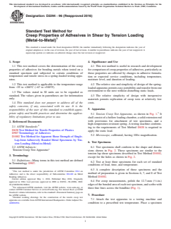 ASTM D2294-96(2016) ASTM D2294-96(2016) - Standard Test Method for Creep Properties of Adhesives in Shear by Tension Loading (Metal-to-Metal) - Page 1 preview