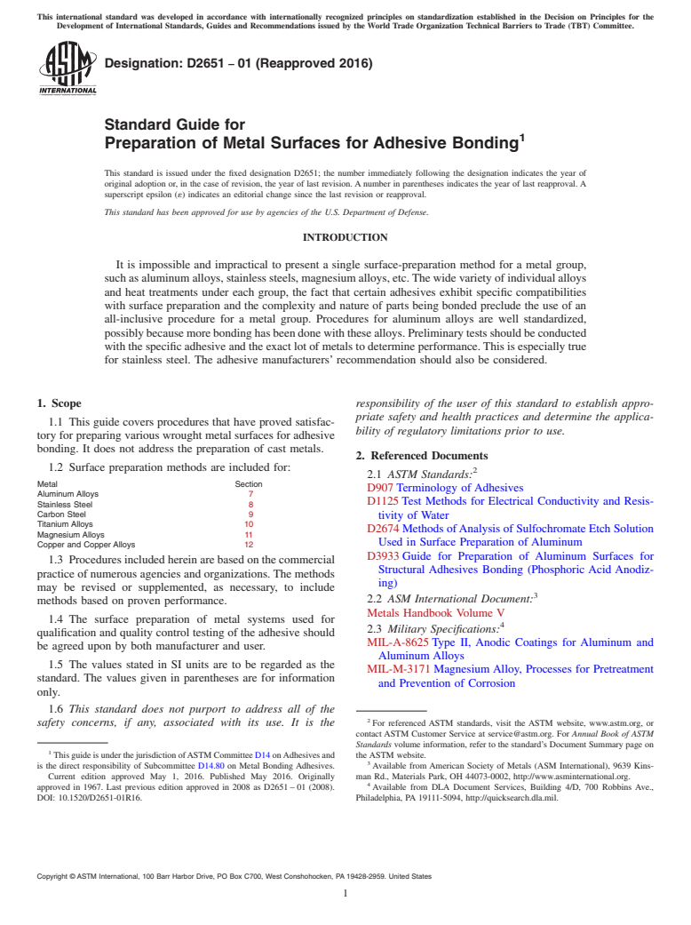 ASTM D2651-01(2016) - Standard Guide for Preparation of Metal Surfaces for Adhesive Bonding