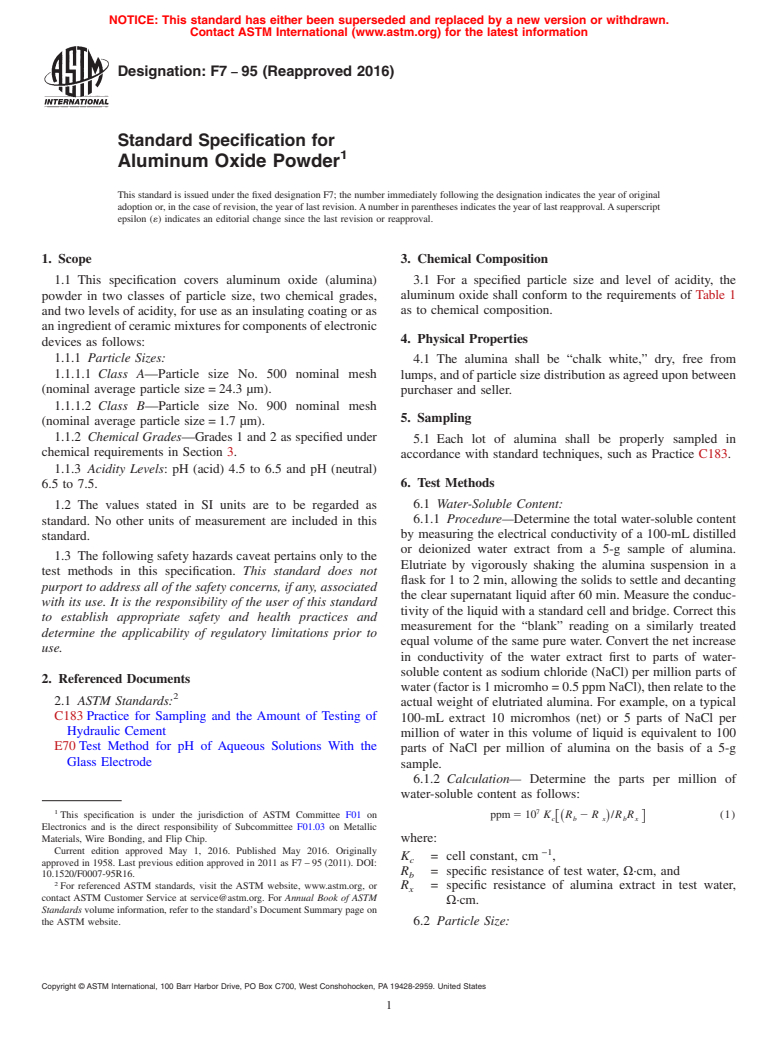 ASTM F7-95(2016) - Standard Specification for  Aluminum Oxide Powder