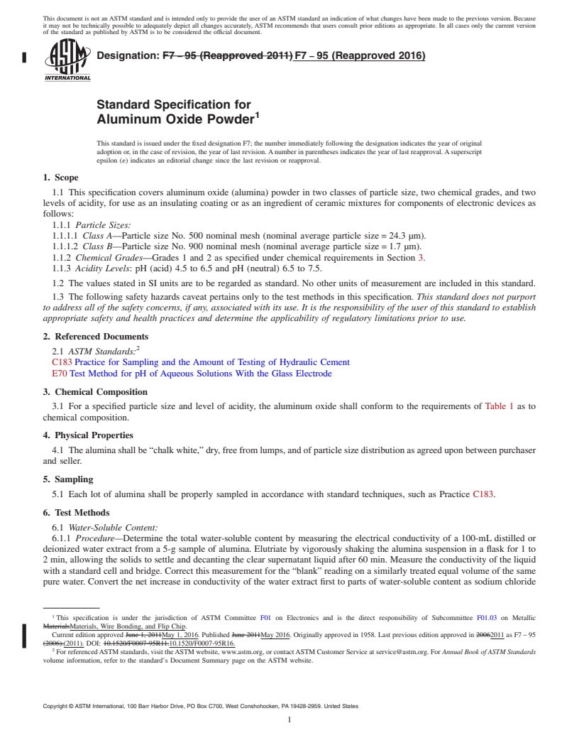 REDLINE ASTM F7-95(2016) - Standard Specification for  Aluminum Oxide Powder