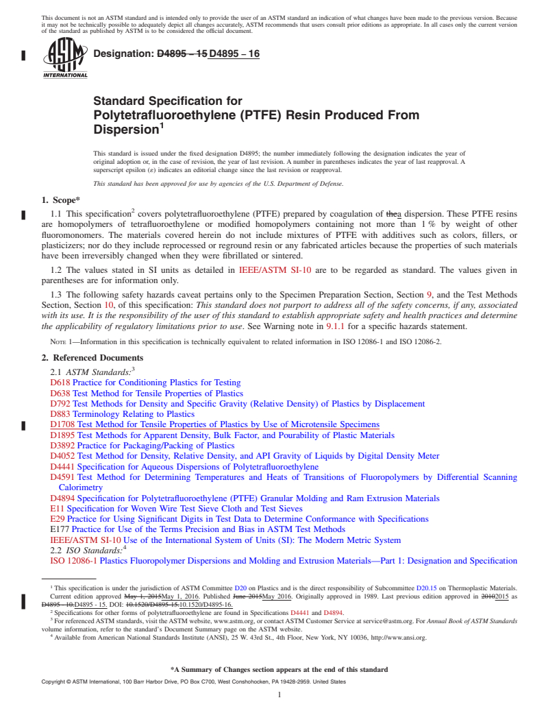 REDLINE ASTM D4895-16 - Standard Specification for  Polytetrafluoroethylene (PTFE) Resin Produced From Dispersion