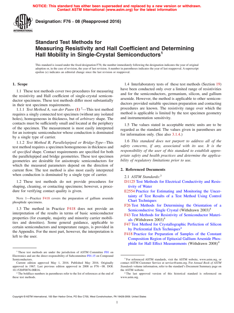 ASTM F76-08(2016) - Standard Test Methods for  Measuring Resistivity and Hall Coefficient and Determining  Hall Mobility in Single-Crystal Semiconductors