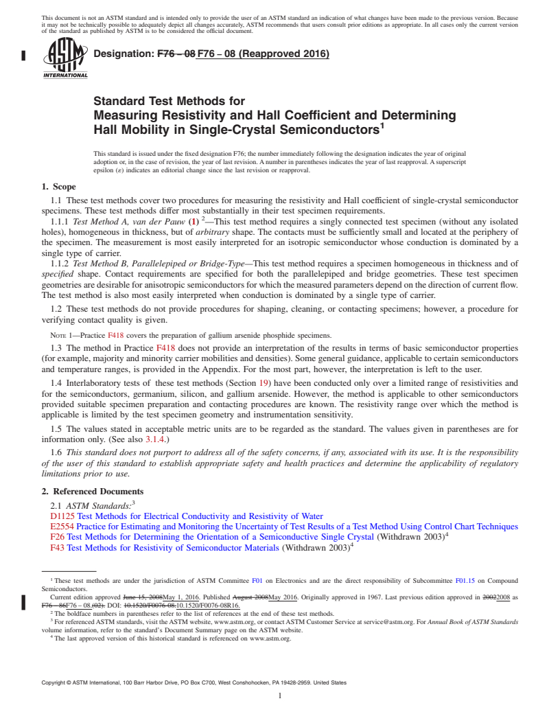 REDLINE ASTM F76-08(2016) - Standard Test Methods for  Measuring Resistivity and Hall Coefficient and Determining  Hall Mobility in Single-Crystal Semiconductors